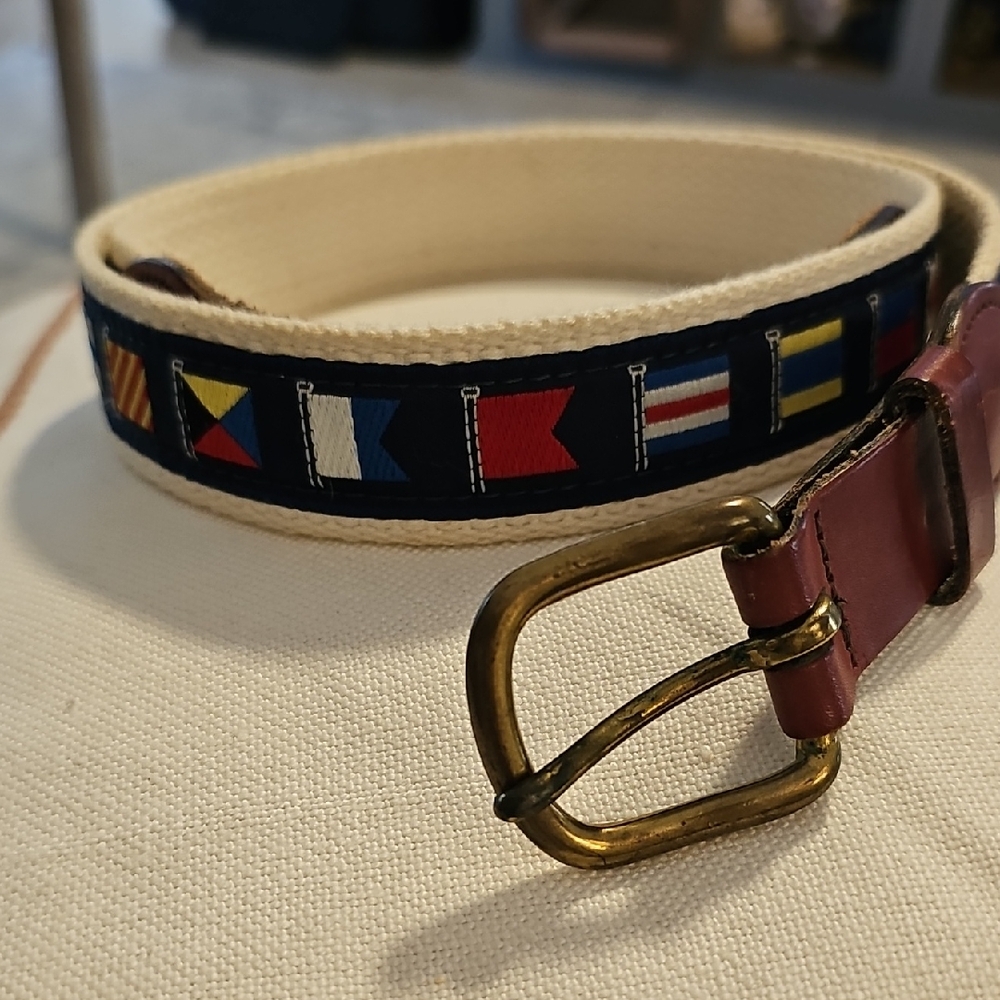 Nautical Flag Pattern Belt with Brass Buckle. Vintage Size 36.